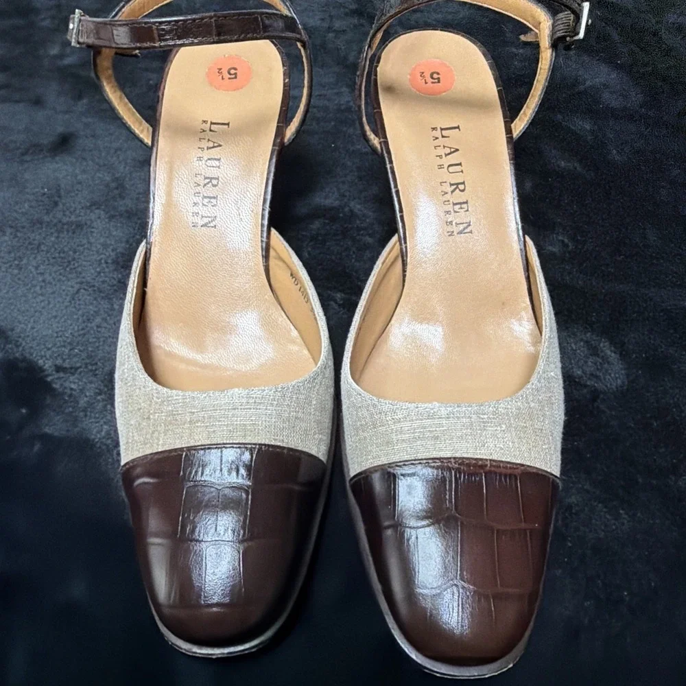 Lauren Ralph Lauren Women's Brown Angle Strap 3' Heels Shoe Size 5.5 Designer